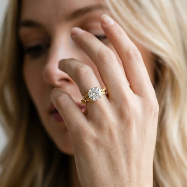 Yellow Gold Round Leaf Motif Solitaire Engagement Ring Setting with Accented Shoulders