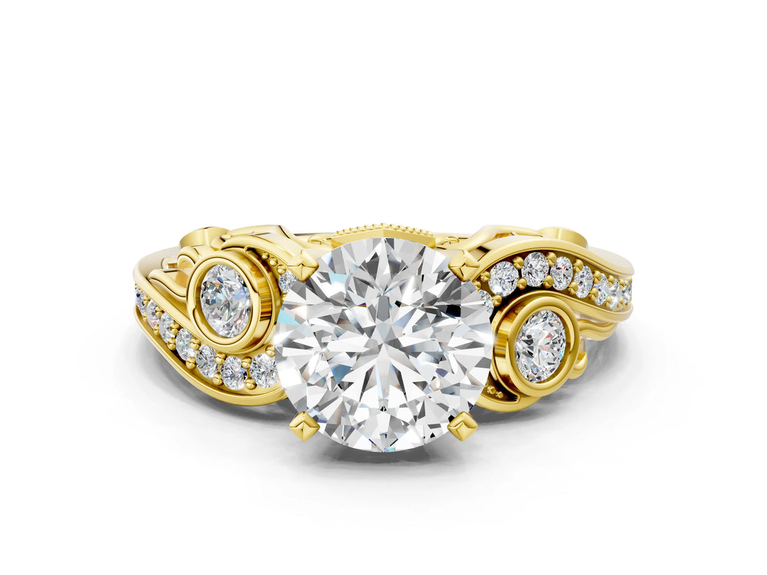 Yellow gold Round Cut Diamond Solitaire Ring with Milgrain Pavé Band and Four-Prong Setting_187