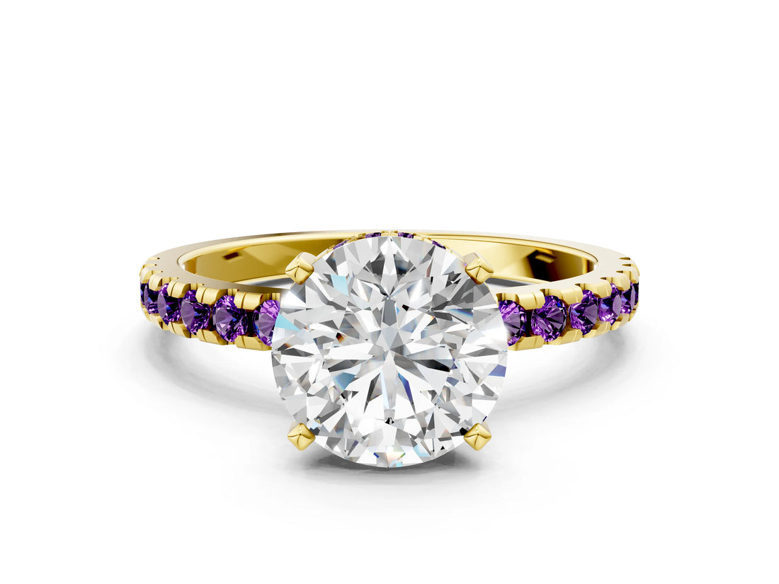 Yellow gold Round Cut Diamond Solitaire Ring with Pavé Band and Four-Prong Setting