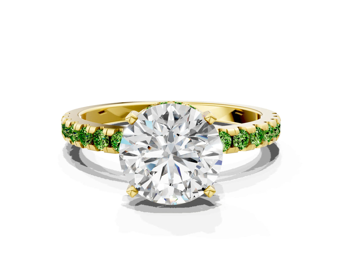 Yellow gold Round Cut Diamond Solitaire Ring with Pavé Band and Four-Prong Setting