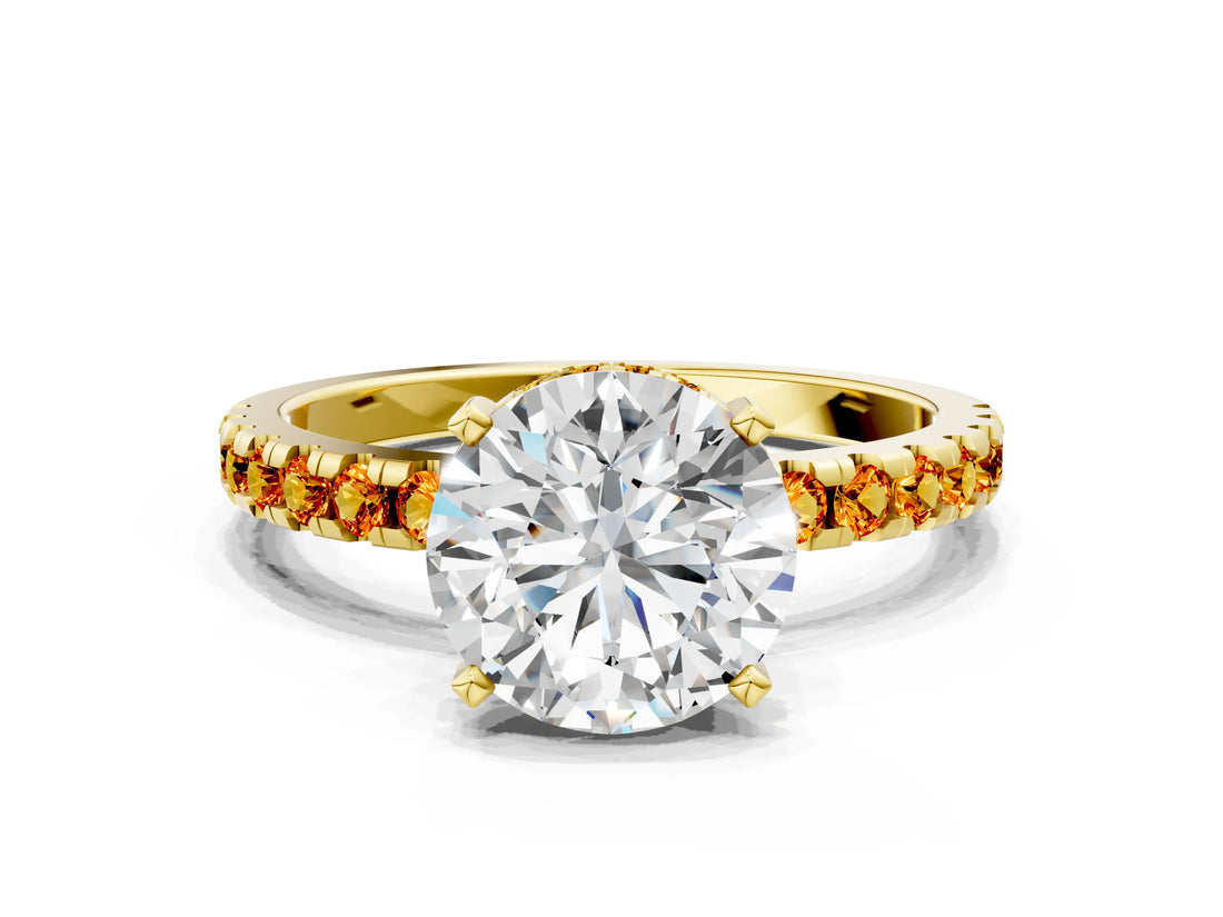 Yellow gold Round Cut Diamond Solitaire Ring with Pavé Band and Four-Prong Setting