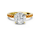 Yellow gold Round Cut Diamond Solitaire Ring with Pavé Band and Four-Prong Setting
