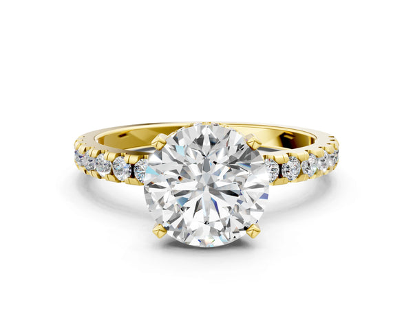 10K Yellow Gold 1.51 Carat E VS1 Round Diamond Solitaire Ring with Round Pavé Band and Four-Prong Setting