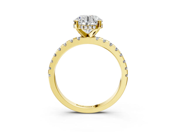 14K Yellow Gold 1.59 Carat E VS1 Round Diamond Solitaire Ring with Pavé Band and Four-Prong Setting
