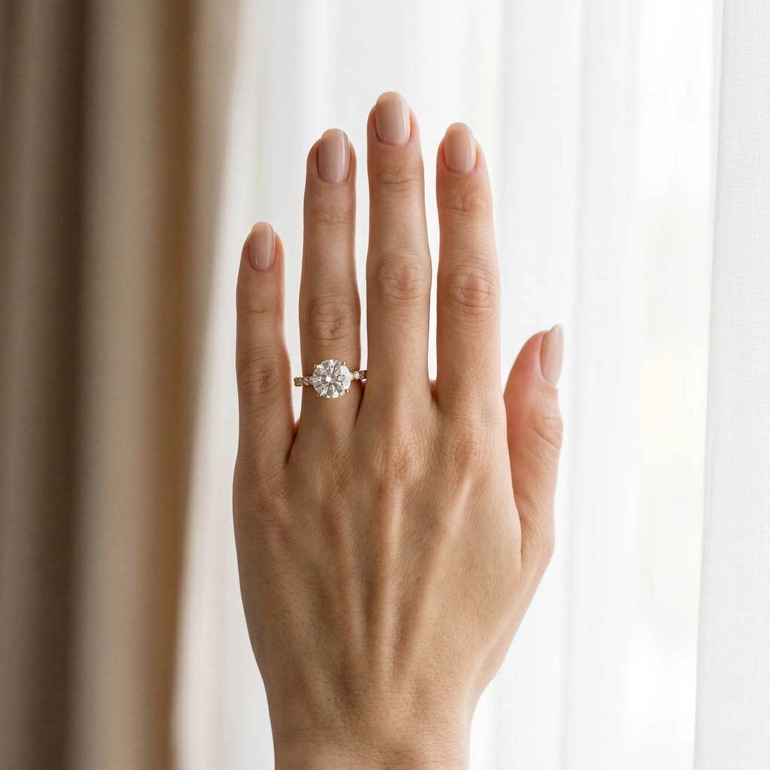 Yellow gold Round Cut Diamond Solitaire Ring with Pavé Band and Four-Prong Setting_241