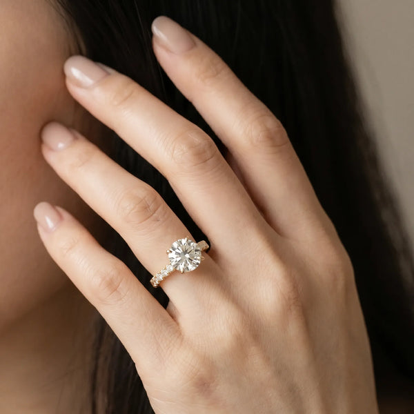 10K Yellow Gold 1.51 Carat E VS1 Round Diamond Solitaire Ring with Round Pavé Band and Four-Prong Setting
