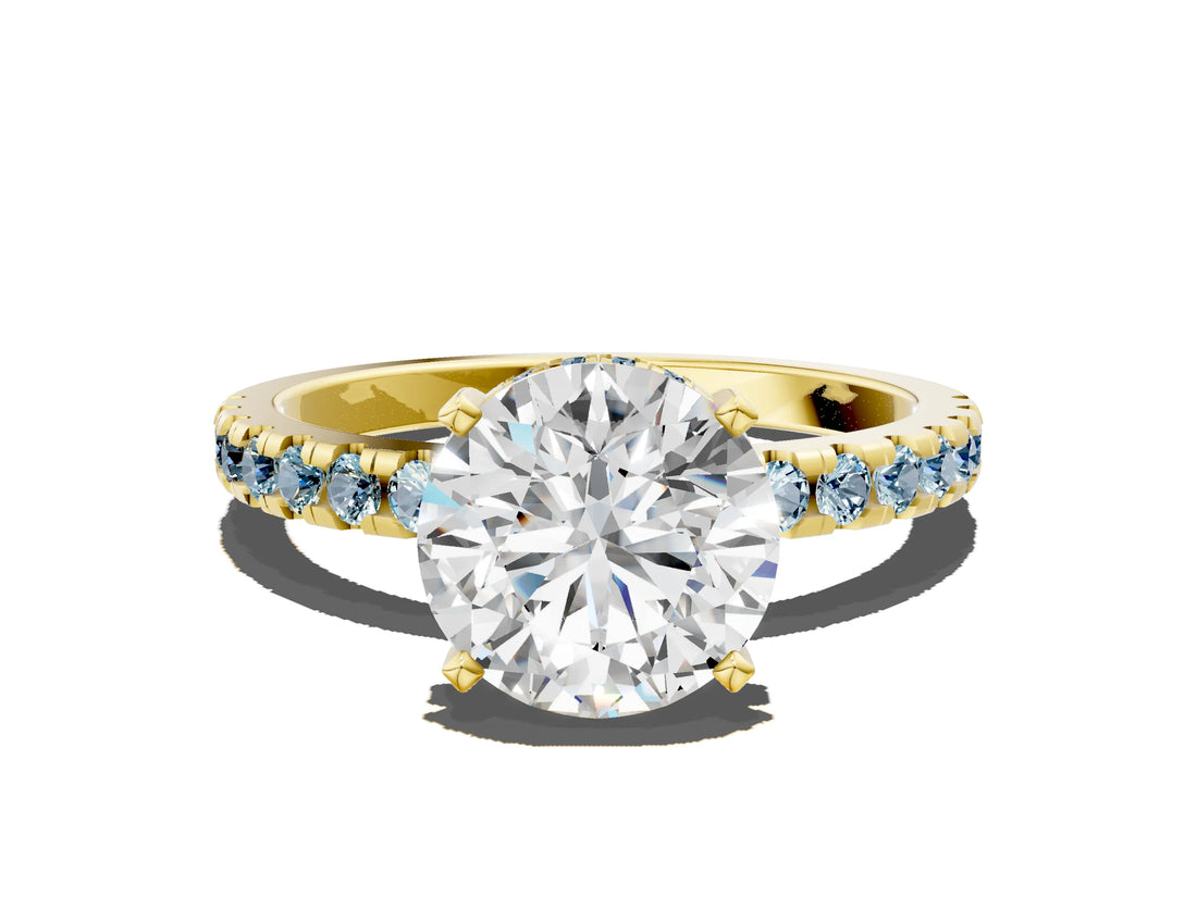 Yellow gold Round Cut Diamond Solitaire Ring with Pavé Band and Four-Prong Setting