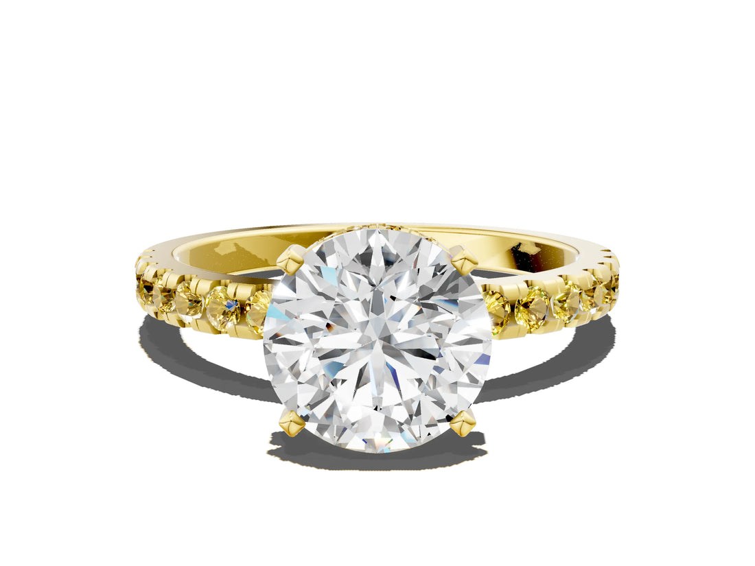 Yellow gold Round Cut Diamond Solitaire Ring with Pavé Band and Four-Prong Setting
