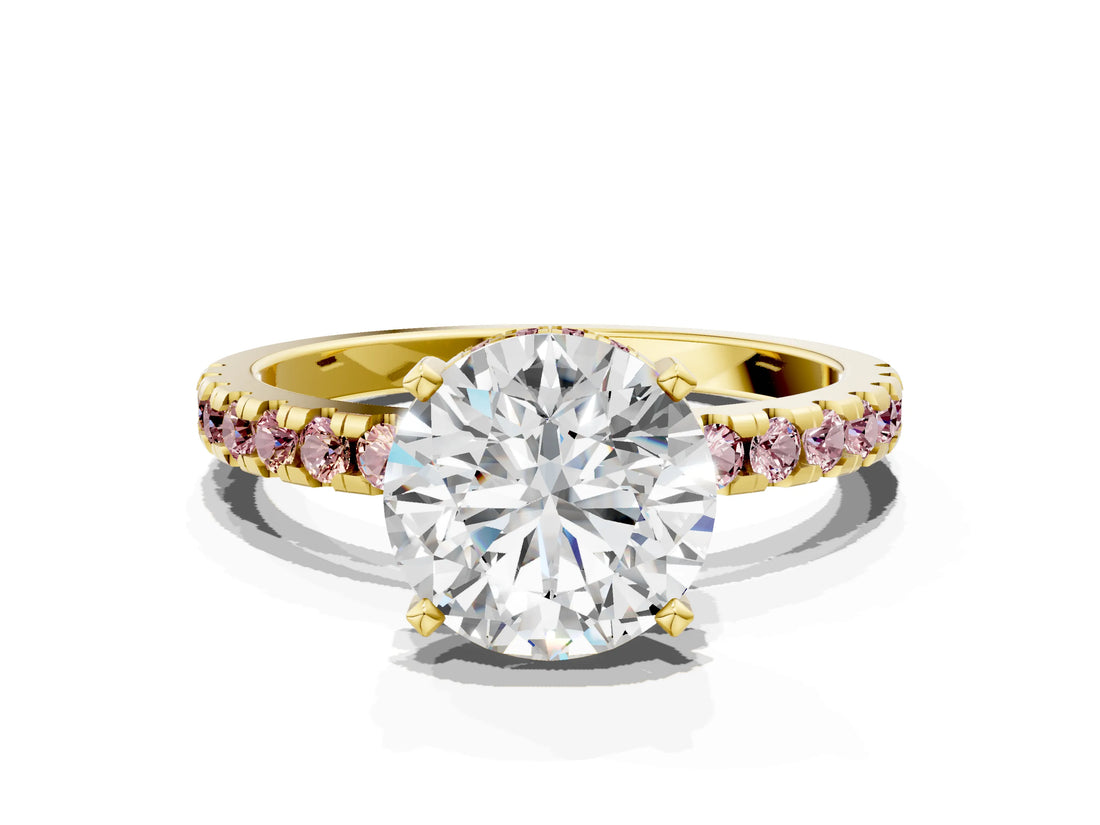 Yellow gold Round Cut Diamond Solitaire Ring with Pavé Band and Four-Prong Setting