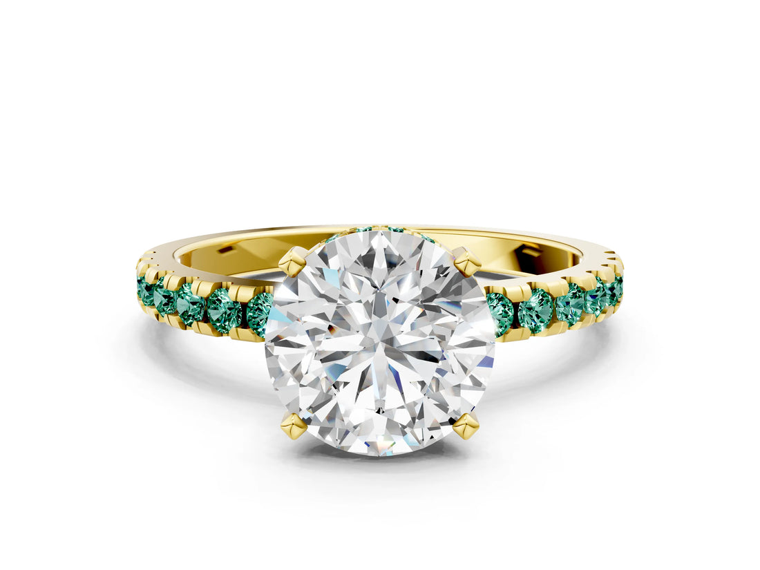Yellow gold Round Cut Diamond Solitaire Ring with Pavé Band and Four-Prong Setting
