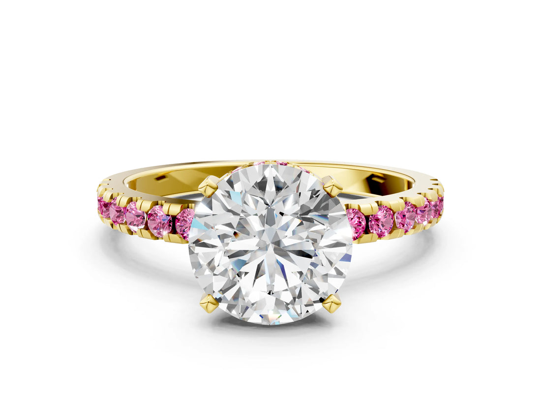 Yellow gold Round Cut Diamond Solitaire Ring with Pavé Band and Four-Prong Setting