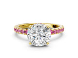 Yellow gold Round Cut Diamond Solitaire Ring with Pavé Band and Four-Prong Setting