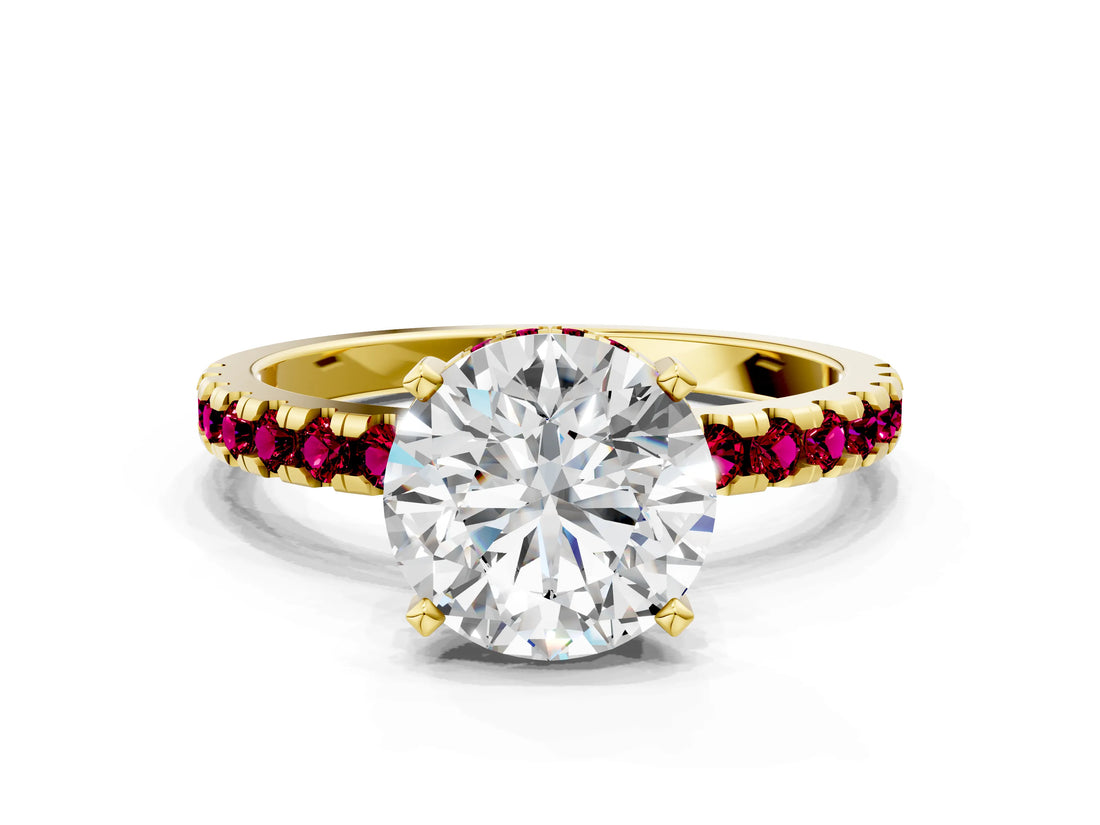Yellow gold Round Cut Diamond Solitaire Ring with Pavé Band and Four-Prong Setting