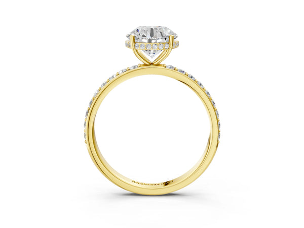 Yellow Gold Round Hidden Halo Engagement Ring Setting with Pave Band