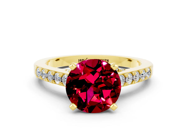 Yellow gold Round Cut Garnet Solitaire Ring with Crossover Gallery and Round  Pavé Band