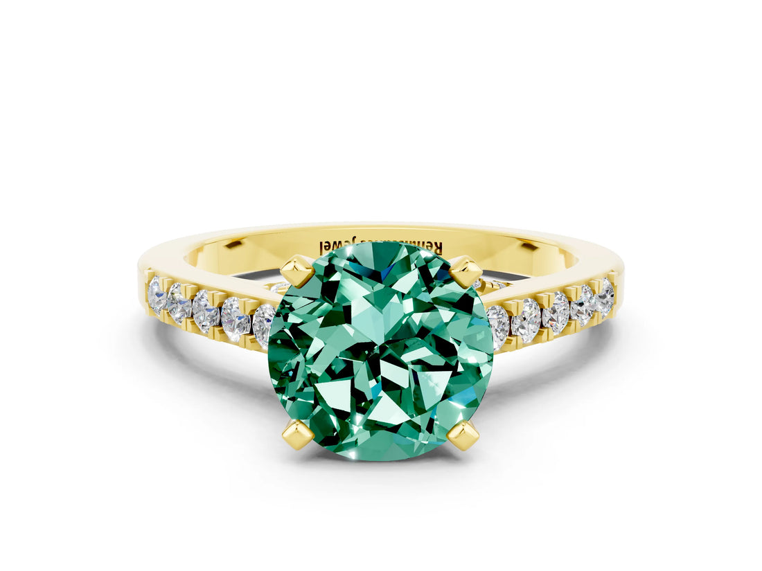 Yellow gold Round Cut Diamond Solitaire Ring with Pavé Band and Prong Setting