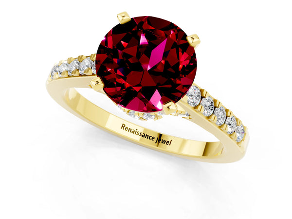 Yellow gold Round Cut Garnet Solitaire Ring with Crossover Gallery and Round  Pavé Band