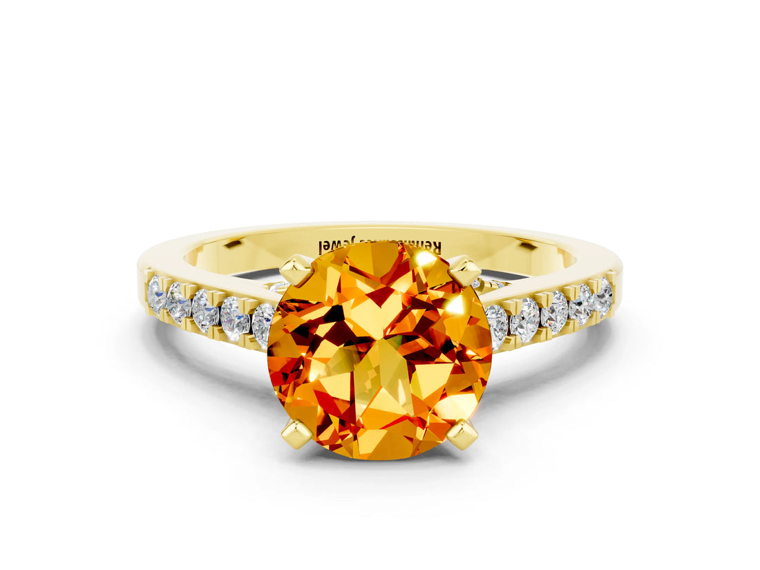 Yellow gold Round Cut Diamond Solitaire Ring with Pavé Band and Prong Setting