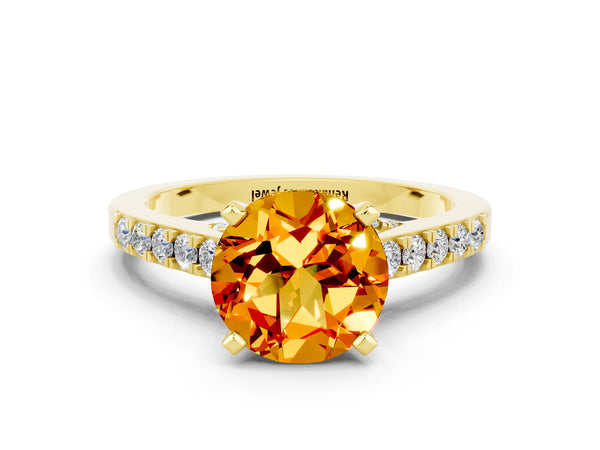 Yellow gold Round Cut Citrine Solitaire Ring with Crossover Gallery and Round  Pavé Band