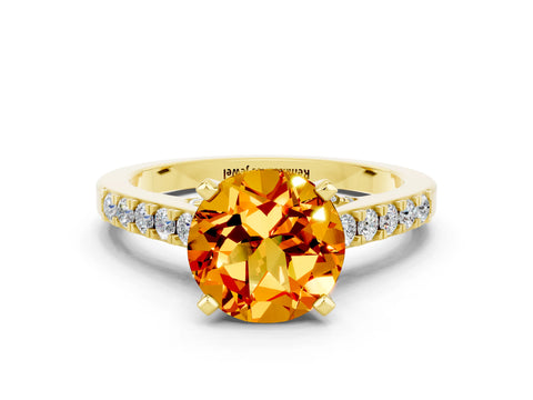 Yellow gold Round Cut Diamond Solitaire Ring with Pavé Band and Prong Setting
