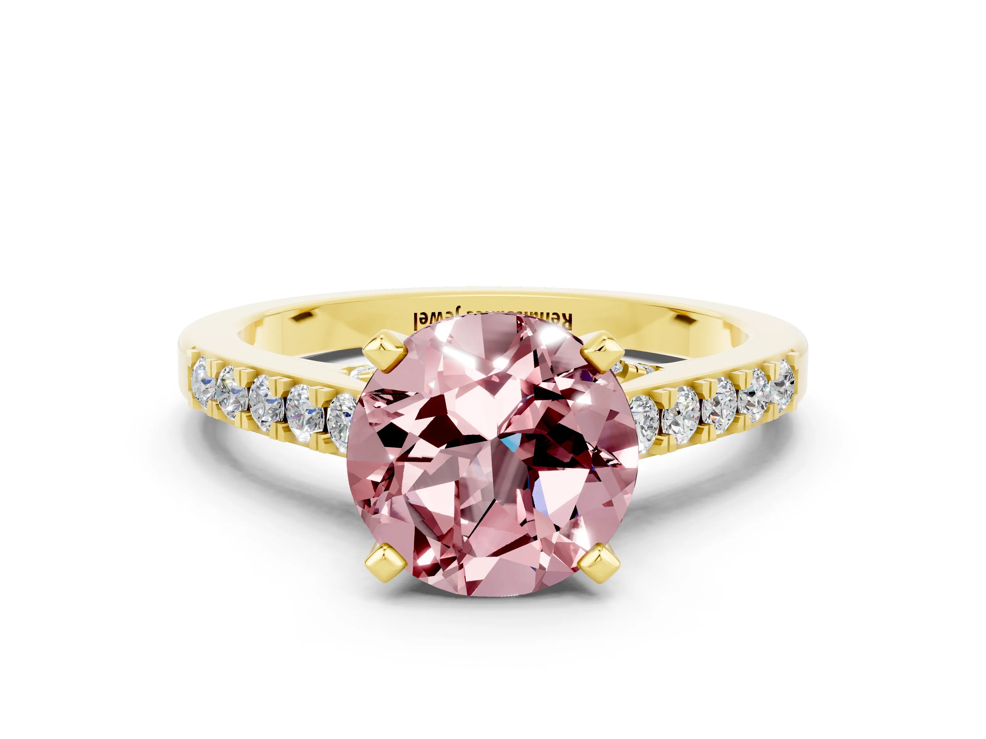 Yellow gold Round Cut Diamond Solitaire Ring with Pavé Band and Prong Setting
