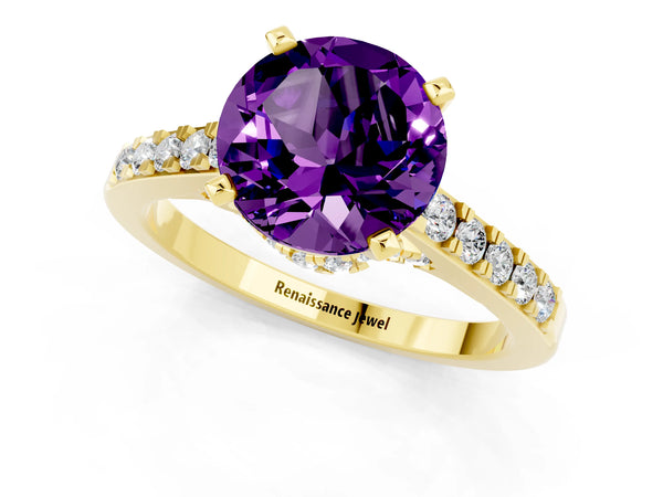 Yellow gold Round Cut Amethyst Solitaire Ring with Crossover Gallery and Round  Pavé Band