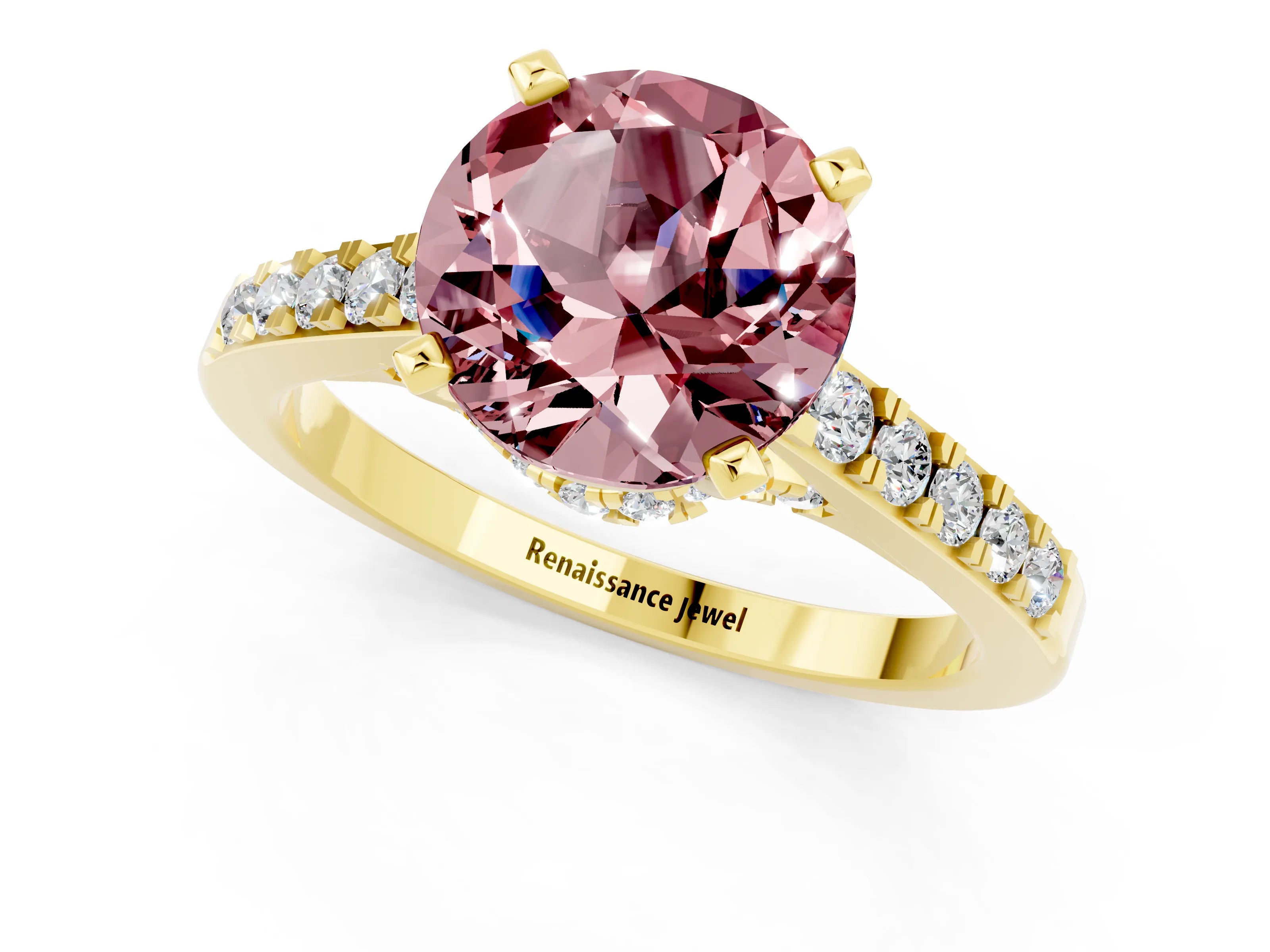 Yellow gold Round Cut Diamond Solitaire Ring with Pavé Band and Prong Setting_1