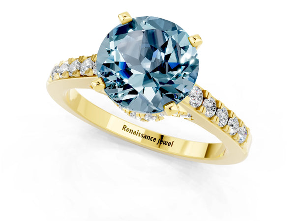 Yellow gold Round Cut Aquamarine Solitaire Ring with Crossover Gallery and Round  Pavé Band