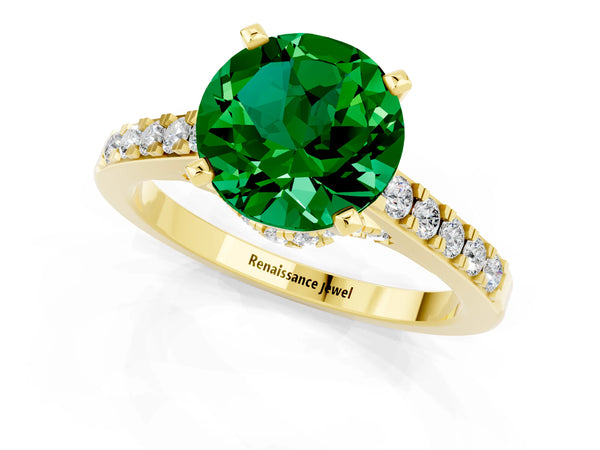 Yellow gold Round Cut Emerald Solitaire Ring with Crossover Gallery and Round  Pavé Band