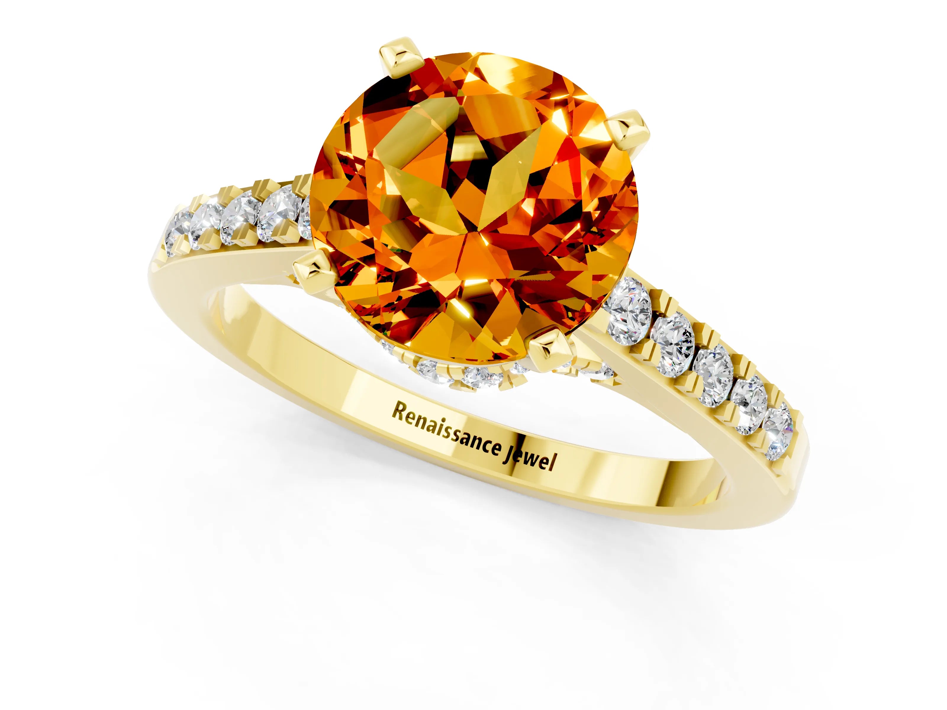 Yellow gold Round Cut Diamond Solitaire Ring with Pavé Band and Prong Setting_1