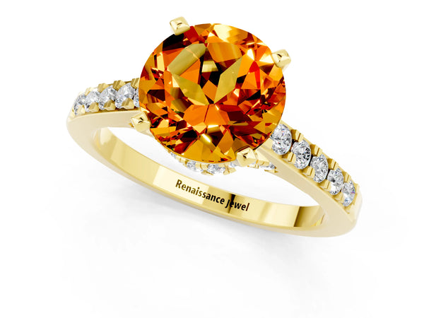 Yellow gold Round Cut Citrine Solitaire Ring with Crossover Gallery and Round  Pavé Band