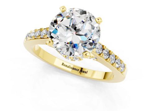 Yellow gold Round Cut Diamond Solitaire Ring with Pavé Band and Prong Setting_1