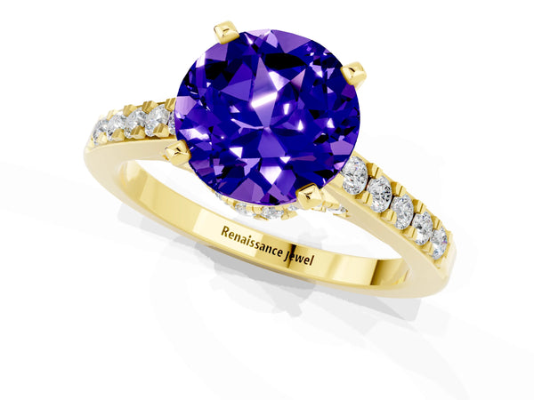 Yellow gold Round Cut Tanzanite Solitaire Ring with Crossover Gallery and Round  Pavé Band