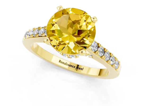 Yellow gold Round Cut Yellow Sapphire Solitaire Ring with Crossover Gallery and Round  Pavé Band