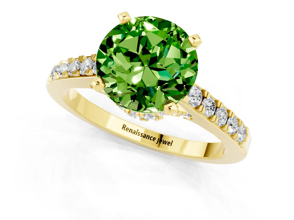 Yellow gold Round Cut Peridot Solitaire Ring with Crossover Gallery and Round  Pavé Band