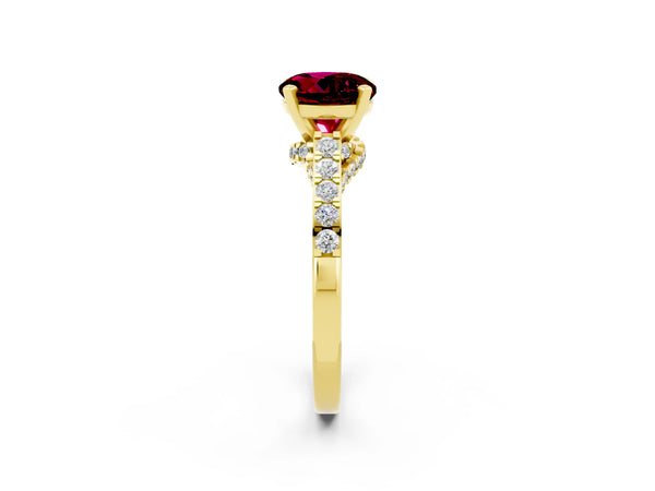Yellow gold Round Cut Garnet Solitaire Ring with Crossover Gallery and Round  Pavé Band