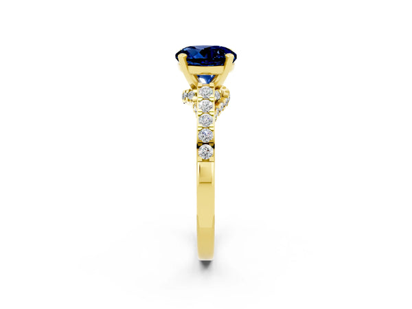 Yellow gold Round Cut Blue Sapphire Solitaire Ring with Crossover Gallery and Round  Pavé Band