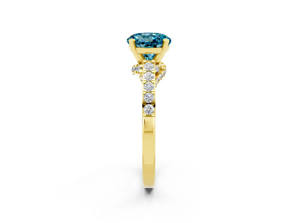 Yellow gold Round Cut Blue Topaz Solitaire Ring with Crossover Gallery and Round  Pavé Band