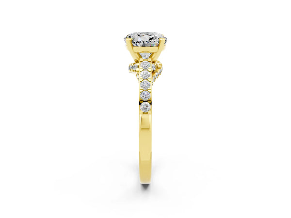 Yellow gold Round Cut Moissanite Solitaire Ring with Crossover Gallery and Round  Pavé Band