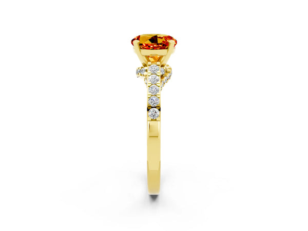 Yellow gold Round Cut Citrine Solitaire Ring with Crossover Gallery and Round  Pavé Band