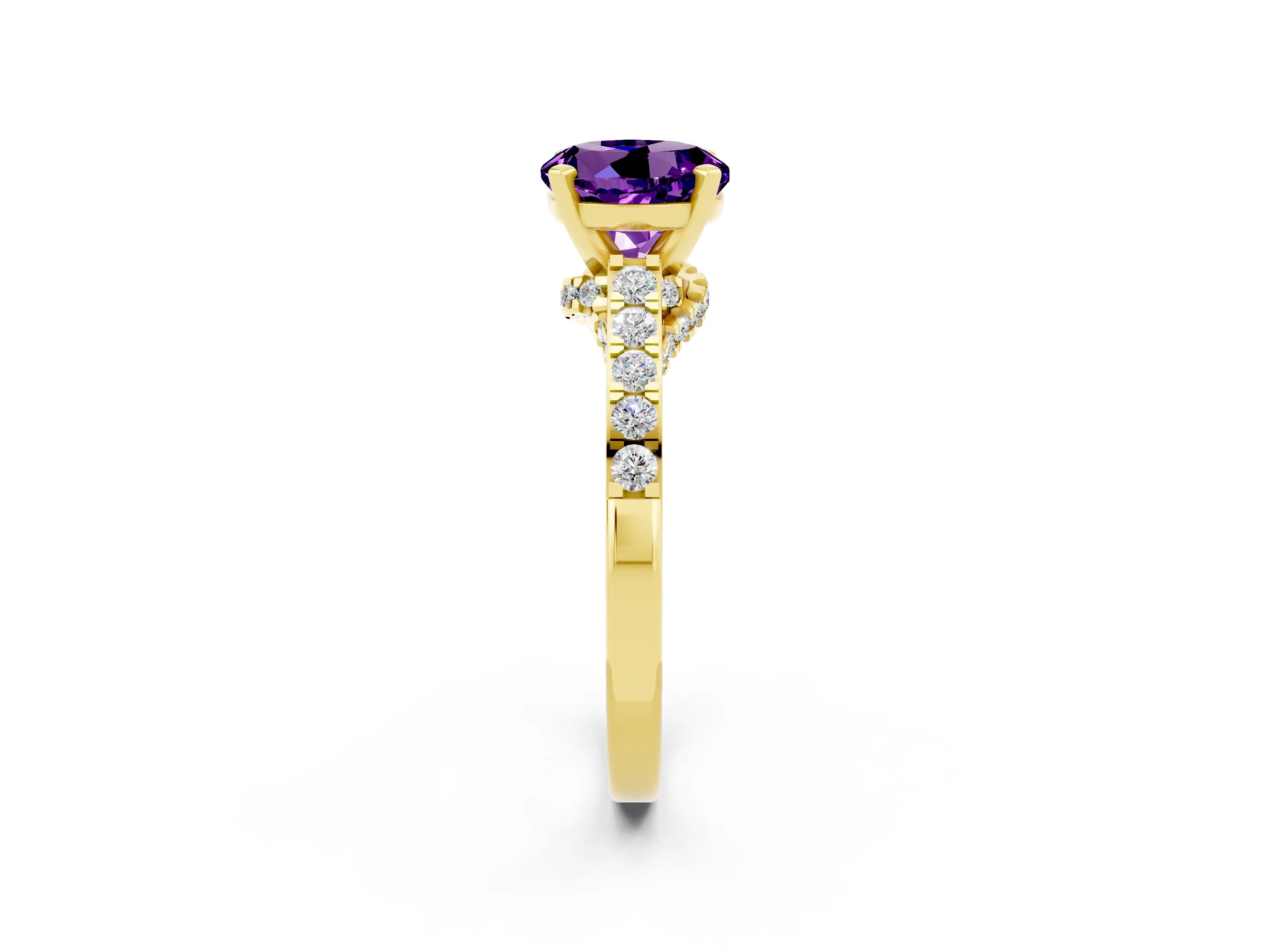 Yellow gold Round Cut Diamond Solitaire Ring with Pavé Band and Prong Setting_2