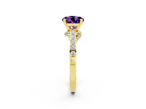 Yellow gold Round Cut Amethyst Solitaire Ring with Crossover Gallery and Round  Pavé Band