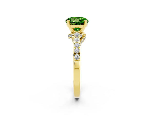 Yellow gold Round Cut Peridot Solitaire Ring with Crossover Gallery and Round  Pavé Band