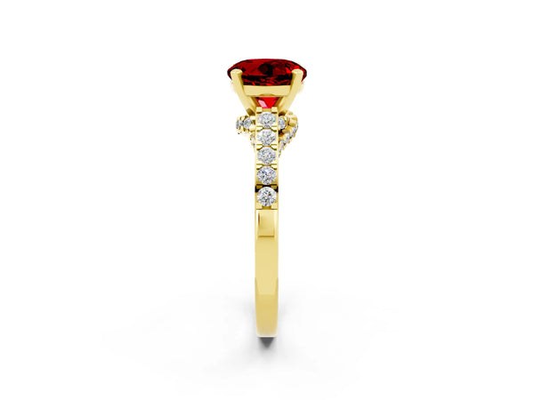 Yellow gold Round Cut Ruby Solitaire Ring with Crossover Gallery and Round  Pavé Band