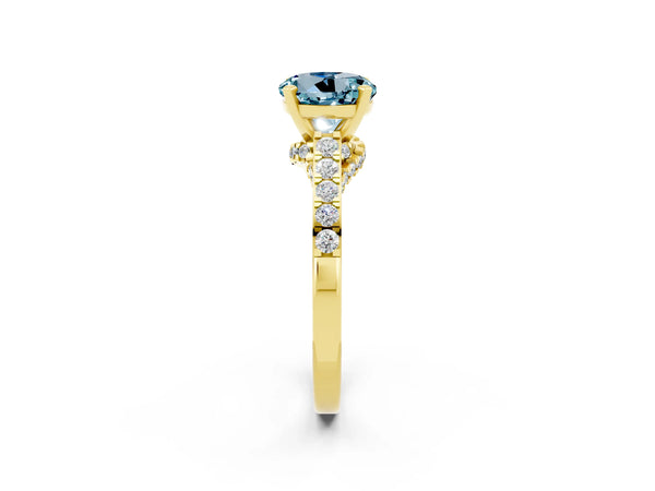 Yellow gold Round Cut Aquamarine Solitaire Ring with Crossover Gallery and Round  Pavé Band