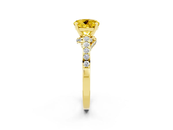 Yellow gold Round Cut Yellow Sapphire Solitaire Ring with Crossover Gallery and Round  Pavé Band