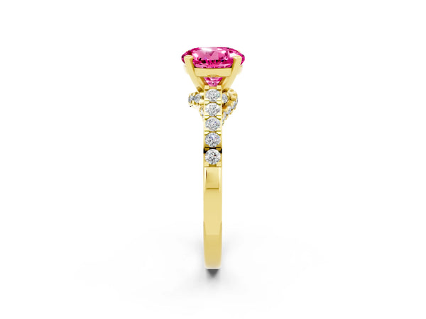 Yellow gold Round Cut Pink Sapphire Solitaire Ring with Crossover Gallery and Round  Pavé Band