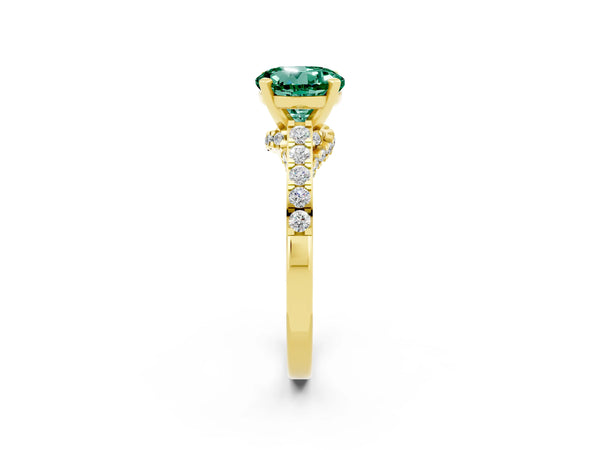 Yellow gold Round Cut Green Sapphire Solitaire Ring with Crossover Gallery and Round  Pavé Band