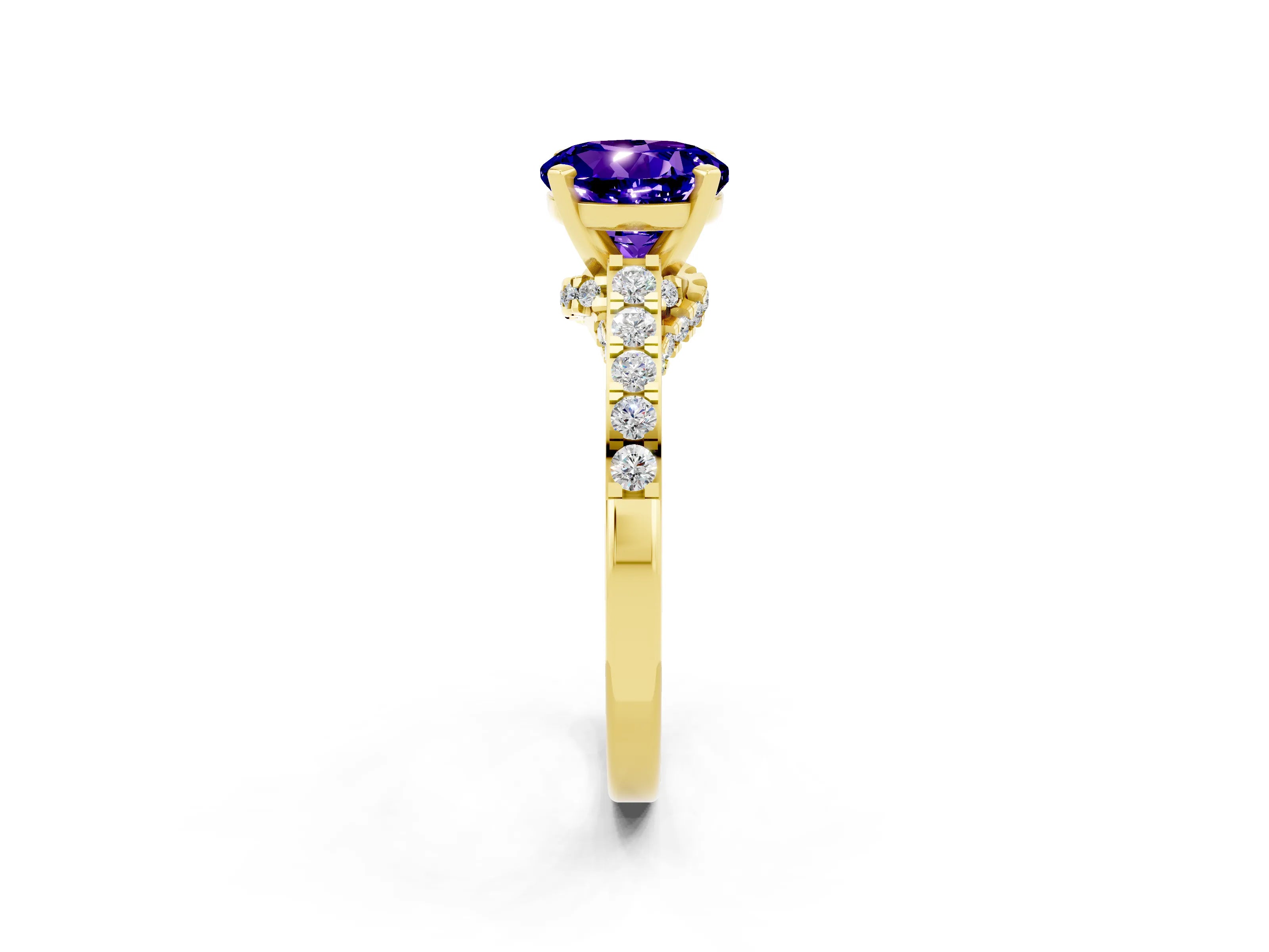 Yellow gold Round Cut Diamond Solitaire Ring with Pavé Band and Prong Setting_2