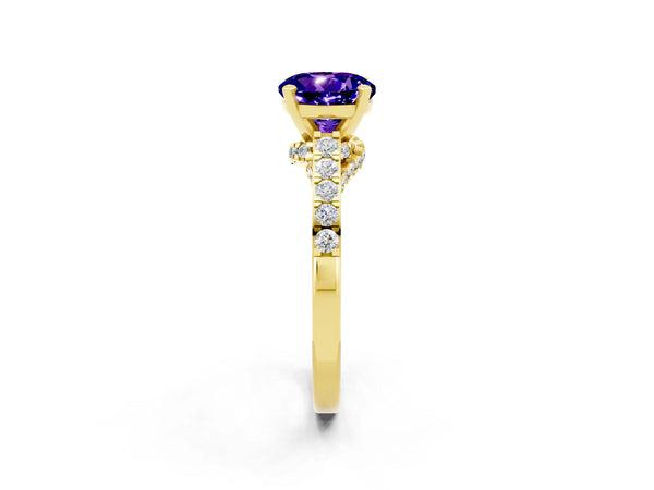 Yellow gold Round Cut Tanzanite Solitaire Ring with Crossover Gallery and Round  Pavé Band